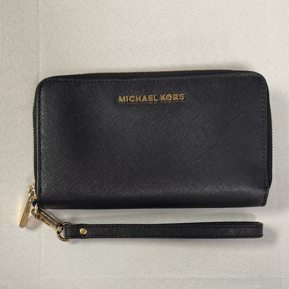 Michael Kors Black Zip-Around Wallet with Gold Details
